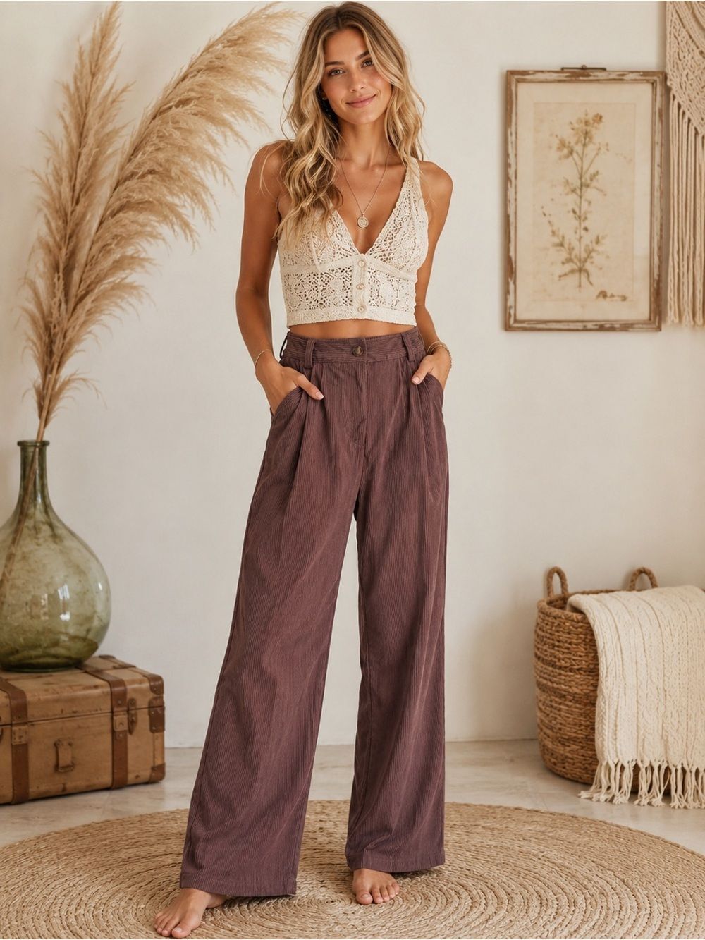 HALARA Wide-Leg High-Rise Trousers in Brown Corduroy